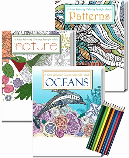 Adult Coloring Book Set Beautiful Zoco Gift Pack 3 Adult Coloring Books &amp; Coloring Pencils Set Oceans Coloring Book Nature Coloring Book Patterns Coloring Book Includes 10